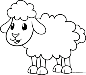 A friendly cartoon sheep with fluffy wool and a smiling face, featuring bold, clean lines for easy coloring by children.