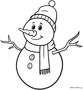 A friendly cartoon snowman with a carrot nose and top hat, featuring bold outlines perfect for young children to color.