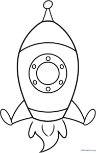A friendly, simple cartoon space rocket with bold outlines, perfect for young children to color with crayons or markers.
