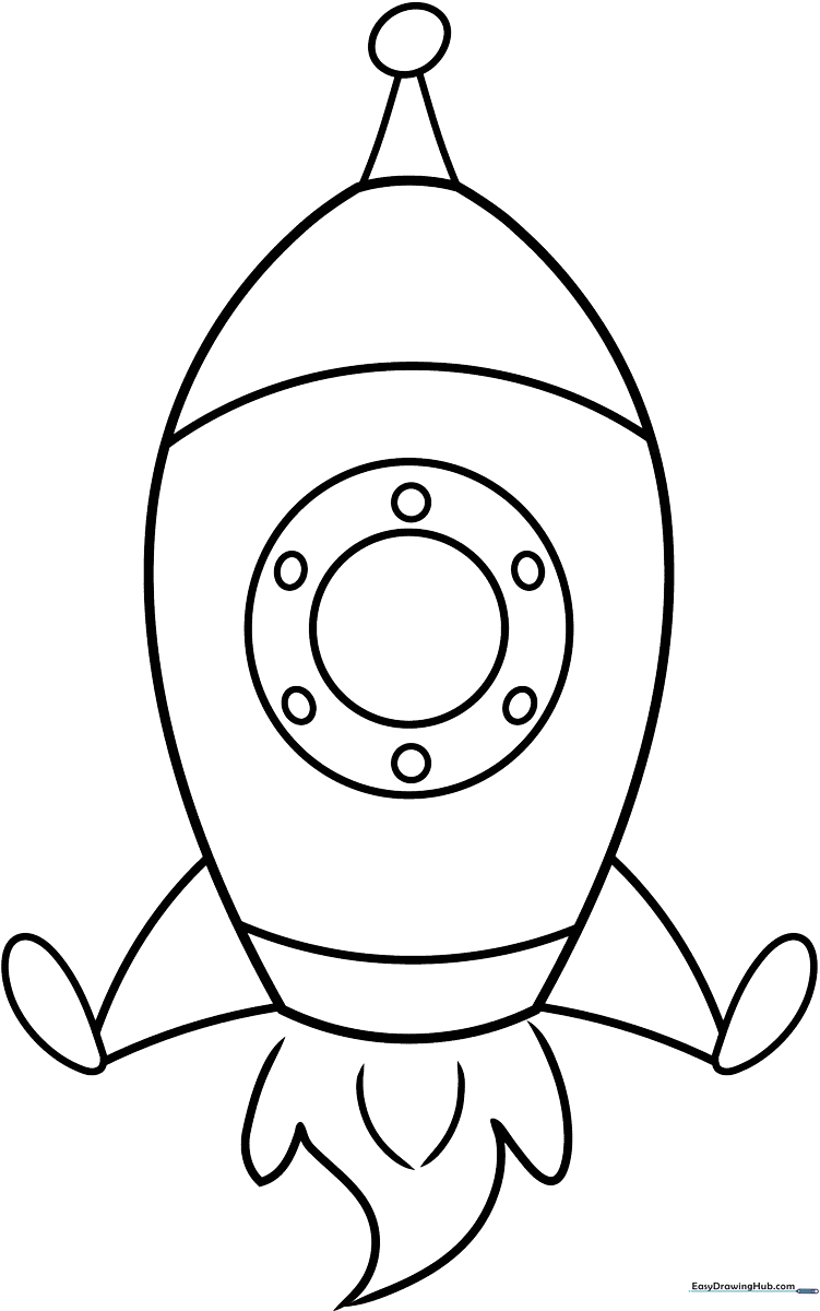 A friendly, simple cartoon space rocket with bold outlines, perfect for young children to color with crayons or markers.