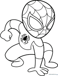 A clean, bold-line coloring page of a cartoon Spider-Man in a friendly pose, featuring large areas for easy coloring and clear web patterns on the suit.