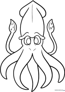 Black and white line art of a friendly cartoon squid with large eyes and curled tentacles, ready for coloring.