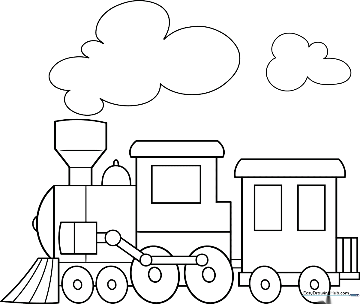 Black and white line art of a cheerful cartoon steam engine with large windows and a friendly face, ready for children to color.