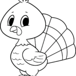A friendly cartoon turkey with bold outlines, ready for coloring, featuring large eyes and a fan-shaped tail perfect for young children.