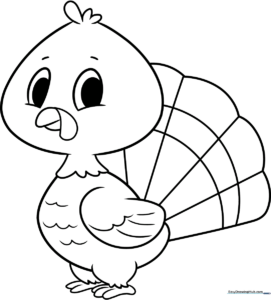 A friendly cartoon turkey with bold outlines, ready for coloring, featuring large eyes and a fan-shaped tail perfect for young children.