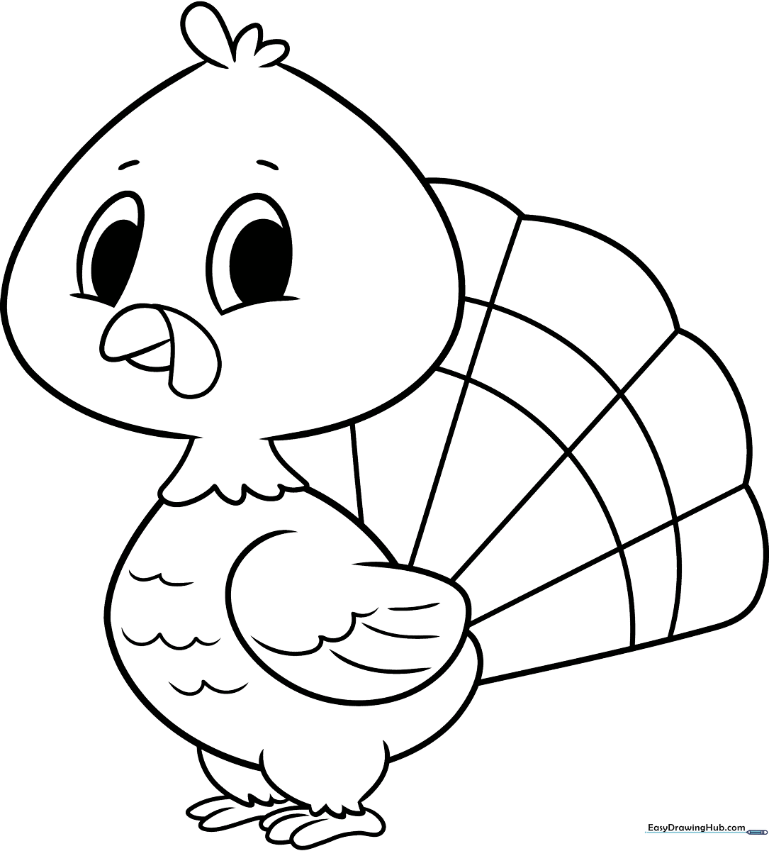 A friendly cartoon turkey with bold outlines, ready for coloring, featuring large eyes and a fan-shaped tail perfect for young children.