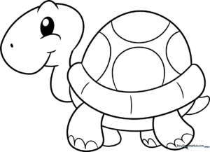 A friendly cartoon turtle with a patterned shell, designed with thick, clear outlines for easy coloring by young children.