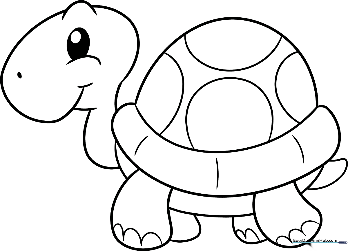 A friendly cartoon turtle with a patterned shell, designed with thick, clear outlines for easy coloring by young children.