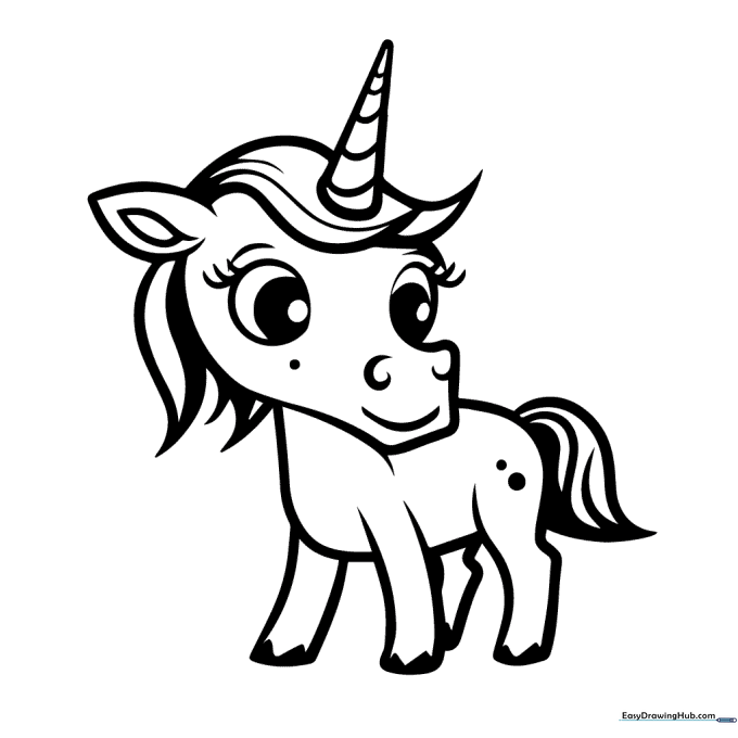 Black and white line art of a friendly cartoon unicorn with a flowing mane and a spiraled horn, designed for children to color.