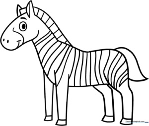 A friendly cartoon zebra standing sideways with bold, thick outlines, perfect for young children to color with crayons or markers.