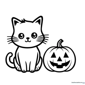 A simple line-art illustration of a cute kitten sitting next to a carved jack-o'-lantern, featuring bold outlines suitable for young children to color.