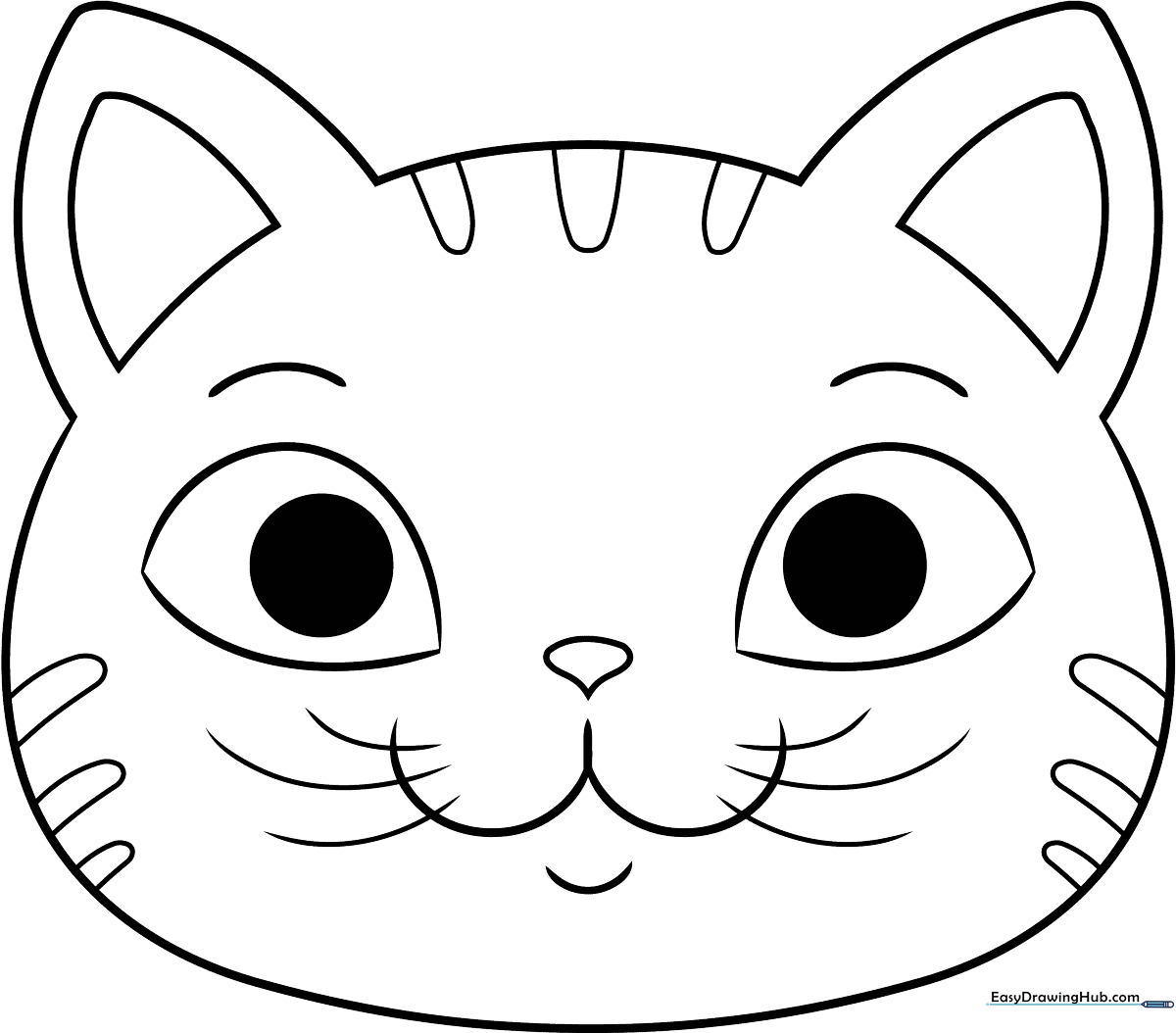 A simple, bold-lined coloring page featuring a friendly cat face with large eyes and whiskers, designed for easy coloring by young children.