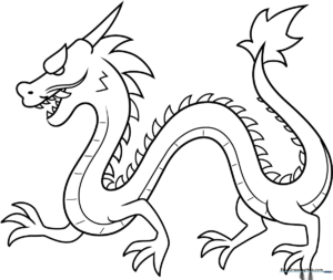 A clean, black-and-white line art illustration of a friendly Chinese dragon with swirling whiskers and a long, serpentine body, ready for coloring.