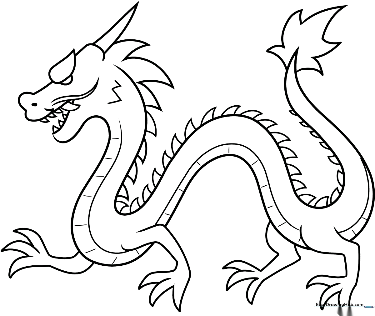 A clean, black-and-white line art illustration of a friendly Chinese dragon with swirling whiskers and a long, serpentine body, ready for coloring.