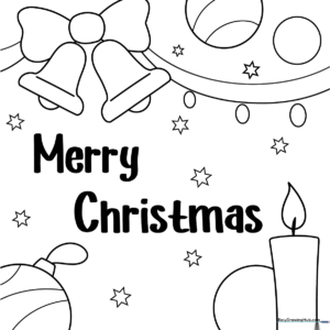 Black and white line art of a decorated Christmas card featuring holiday motifs, designed for children to color with crayons or markers.