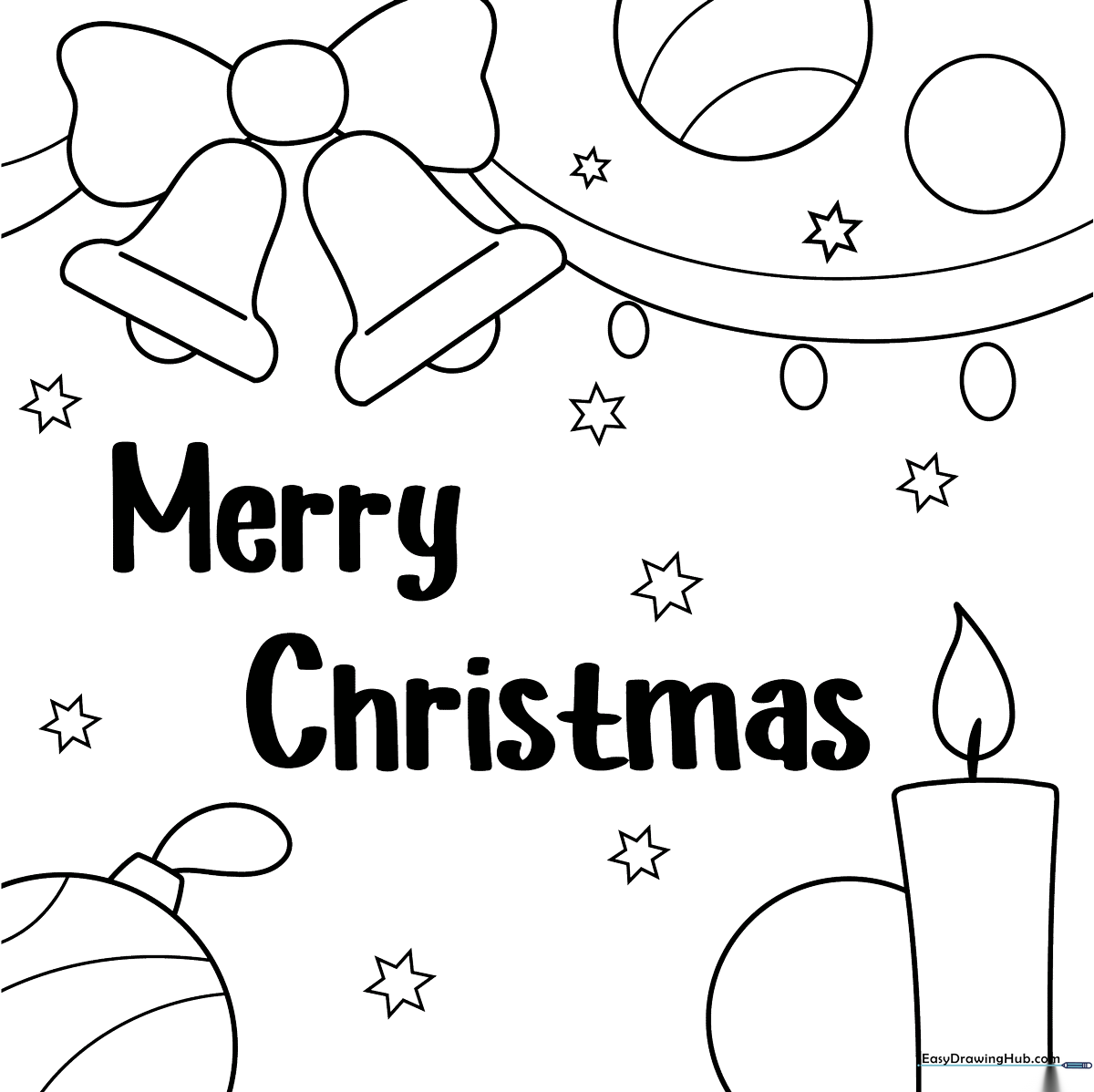 Black and white line art of a decorated Christmas card featuring holiday motifs, designed for children to color with crayons or markers.