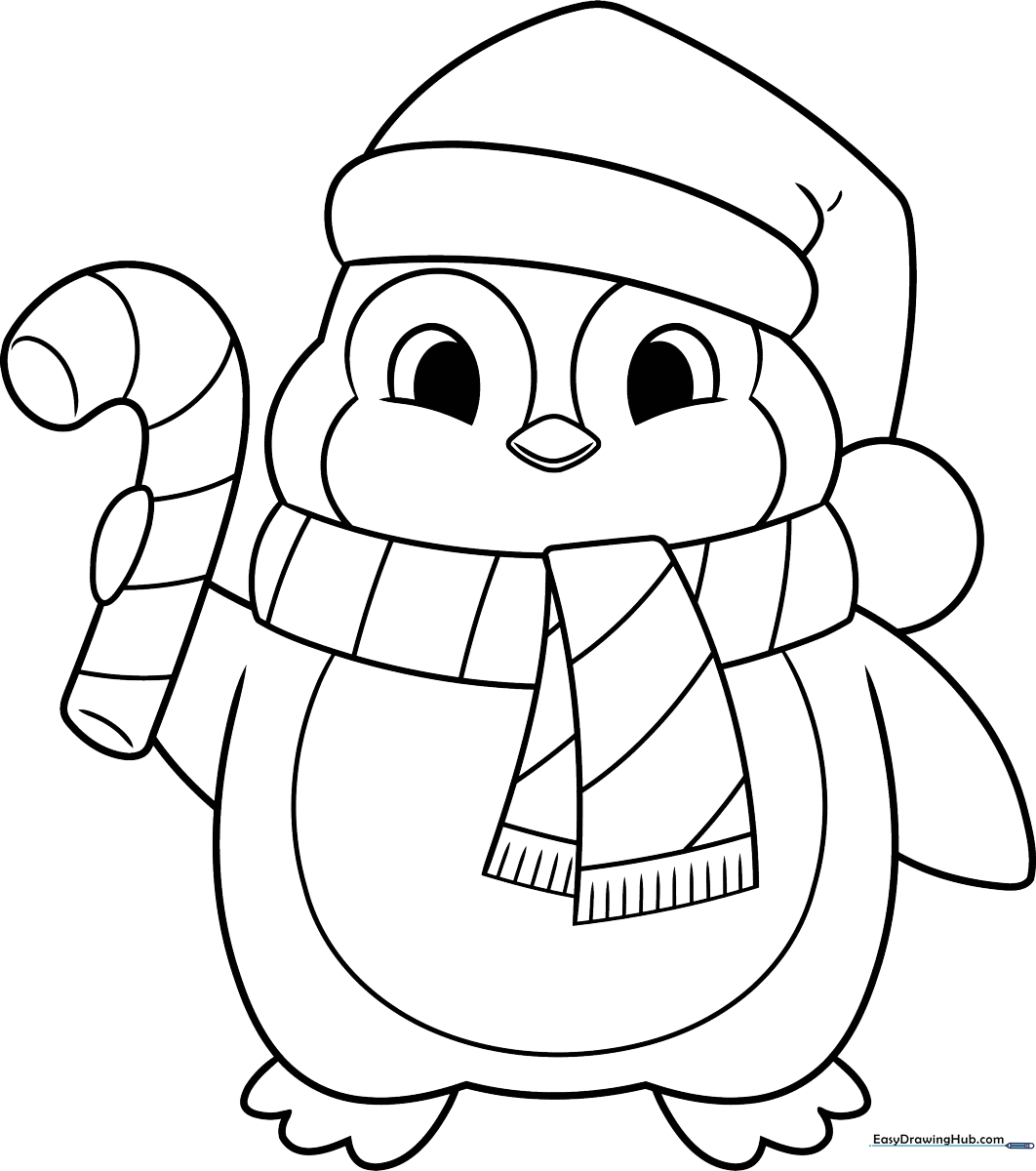 A cute cartoon penguin wearing a festive winter hat and scarf, outlined in bold lines for easy coloring by young children.