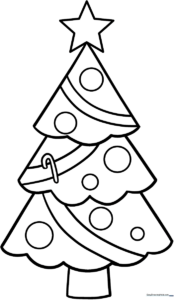 A clean, black-and-white line art illustration of a stylized Christmas tree with simple ornaments, designed for children to color.