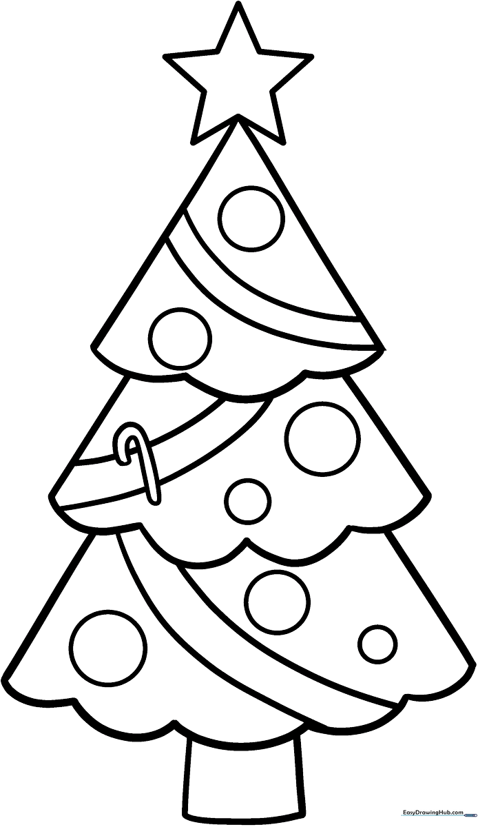 A clean, black-and-white line art illustration of a stylized Christmas tree with simple ornaments, designed for children to color.