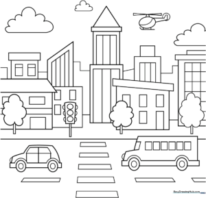 Black and white line art of a simple city skyline with various building heights, windows, and doors, designed for children to color.