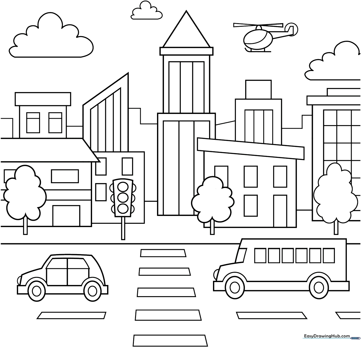 Black and white line art of a simple city skyline with various building heights, windows, and doors, designed for children to color.