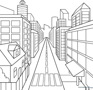 Black and white line art of a city street showing buildings receding toward a single vanishing point, designed for educational coloring.