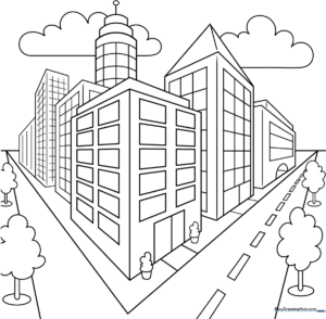 Black and white line art of a city street corner showing buildings receding into the distance using two-point perspective, ready for coloring.