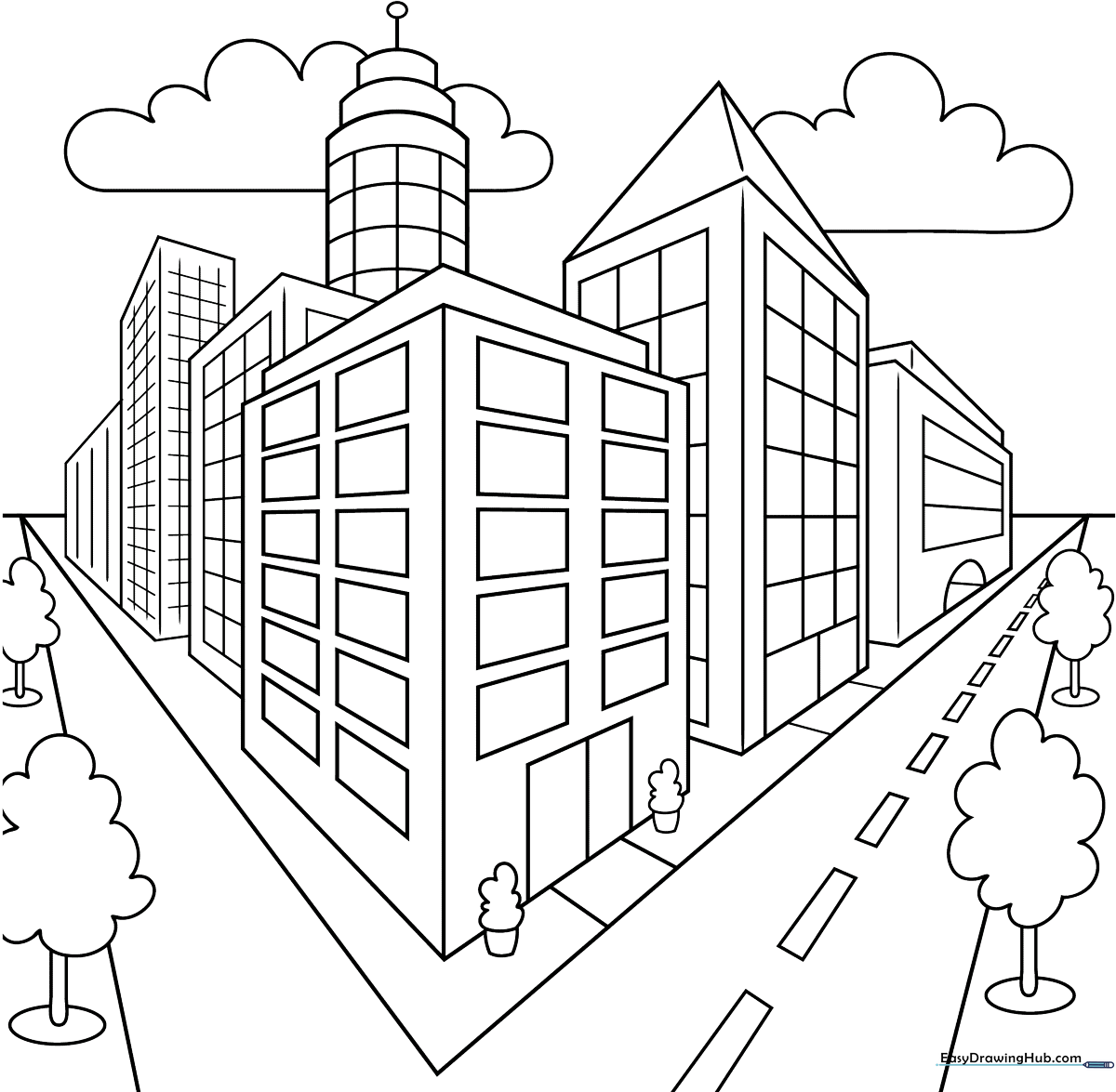 Black and white line art of a city street corner showing buildings receding into the distance using two-point perspective, ready for coloring.