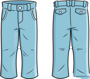 Step-by-step illustration of drawing a pair of blue jeans with visible pockets and belt loops.