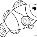A simple, bold-lined clownfish illustration with large fins and a happy expression, designed for easy coloring by young children.