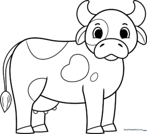 A friendly cartoon cow with large eyes and simple, thick outlines, perfect for children to color with crayons or markers.