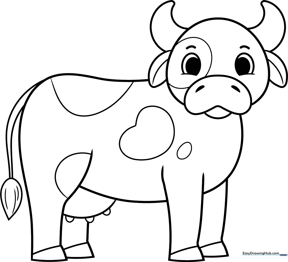 A friendly cartoon cow with large eyes and simple, thick outlines, perfect for children to color with crayons or markers.