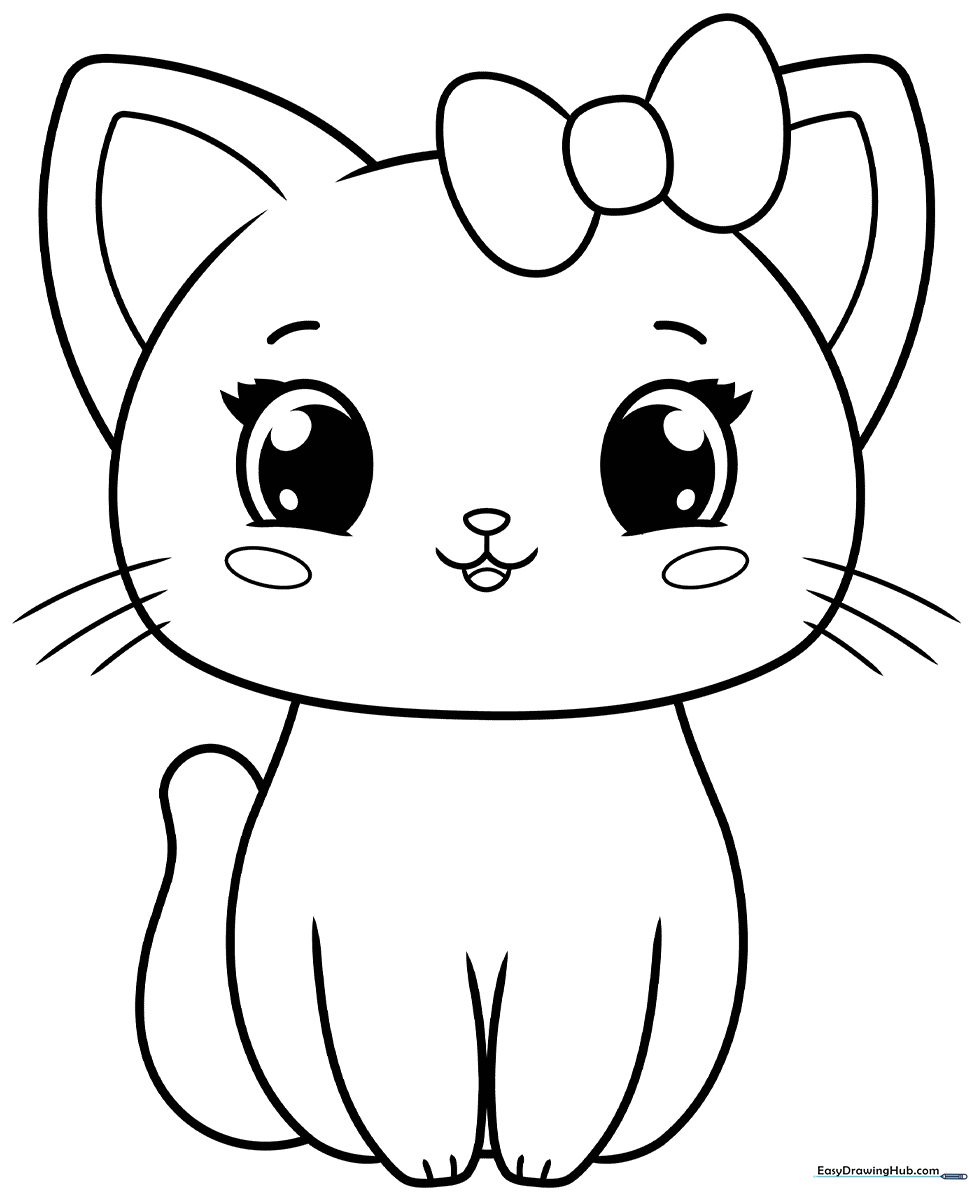 A friendly cartoon cat with large expressive eyes and simple outlines, designed as a coloring activity for children to practice staying within the lines.