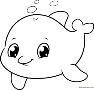 A friendly cartoon dolphin with a smiling face and curved dorsal fin, outlined in bold black lines for easy coloring by children.