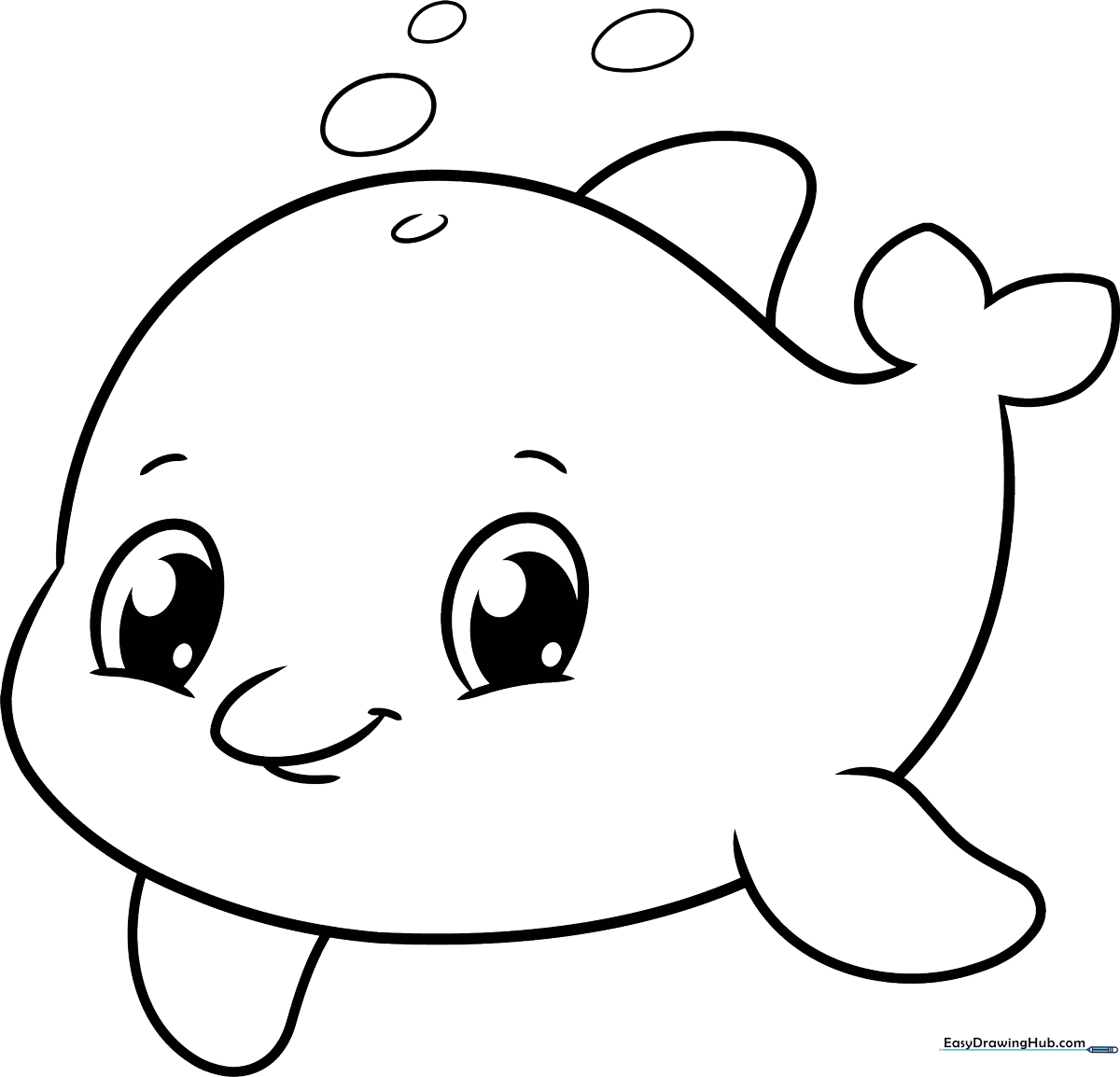 A friendly cartoon dolphin with a smiling face and curved dorsal fin, outlined in bold black lines for easy coloring by children.