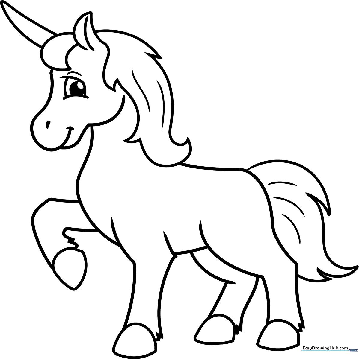 A clean, black-and-white line art illustration of a cute unicorn with a flowing mane and a spiraled horn, designed for children to color.