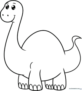 A friendly, cartoon-style dinosaur with rounded features and large eyes, outlined in bold black lines on a white background, perfect for children to color.