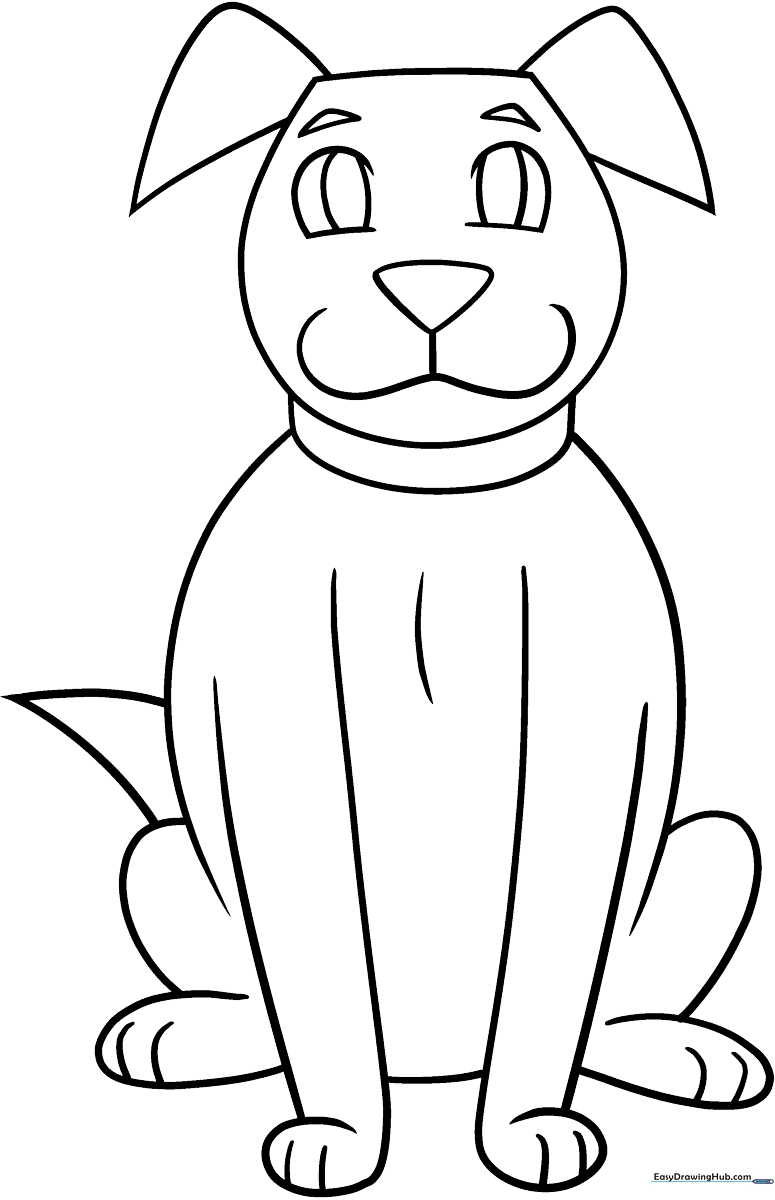 Black and white line art of a happy cartoon dog with floppy ears and a wagging tail, designed for children to color.