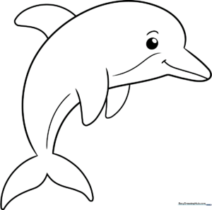 A simple, friendly cartoon dolphin outline with large, clear shapes perfect for young children to color with crayons or markers.