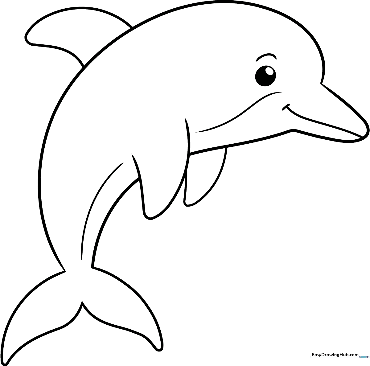 A simple, friendly cartoon dolphin outline with large, clear shapes perfect for young children to color with crayons or markers.