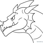 Black and white line art of a friendly dragon head with large eyes and rounded horns, designed for children to color.