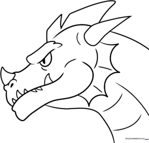 Black and white line art of a friendly dragon head with large eyes and rounded horns, designed for children to color.