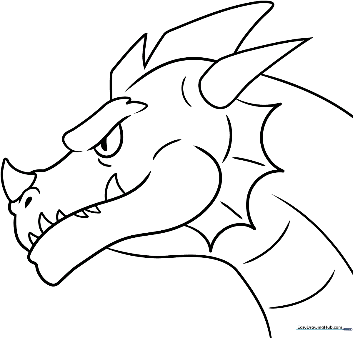 Black and white line art of a friendly dragon head with large eyes and rounded horns, designed for children to color.