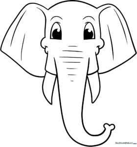 Black and white line art of a friendly elephant head with large ears and a trunk, designed for children to color.