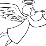 Black and white line art of a cute cartoon angel with outstretched wings and a halo, designed for children to color.