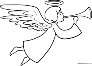 Black and white line art of a cute cartoon angel with outstretched wings and a halo, designed for children to color.