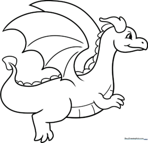 A friendly cartoon dragon with wide wings and a happy expression, outlined in bold black lines for easy coloring by children.