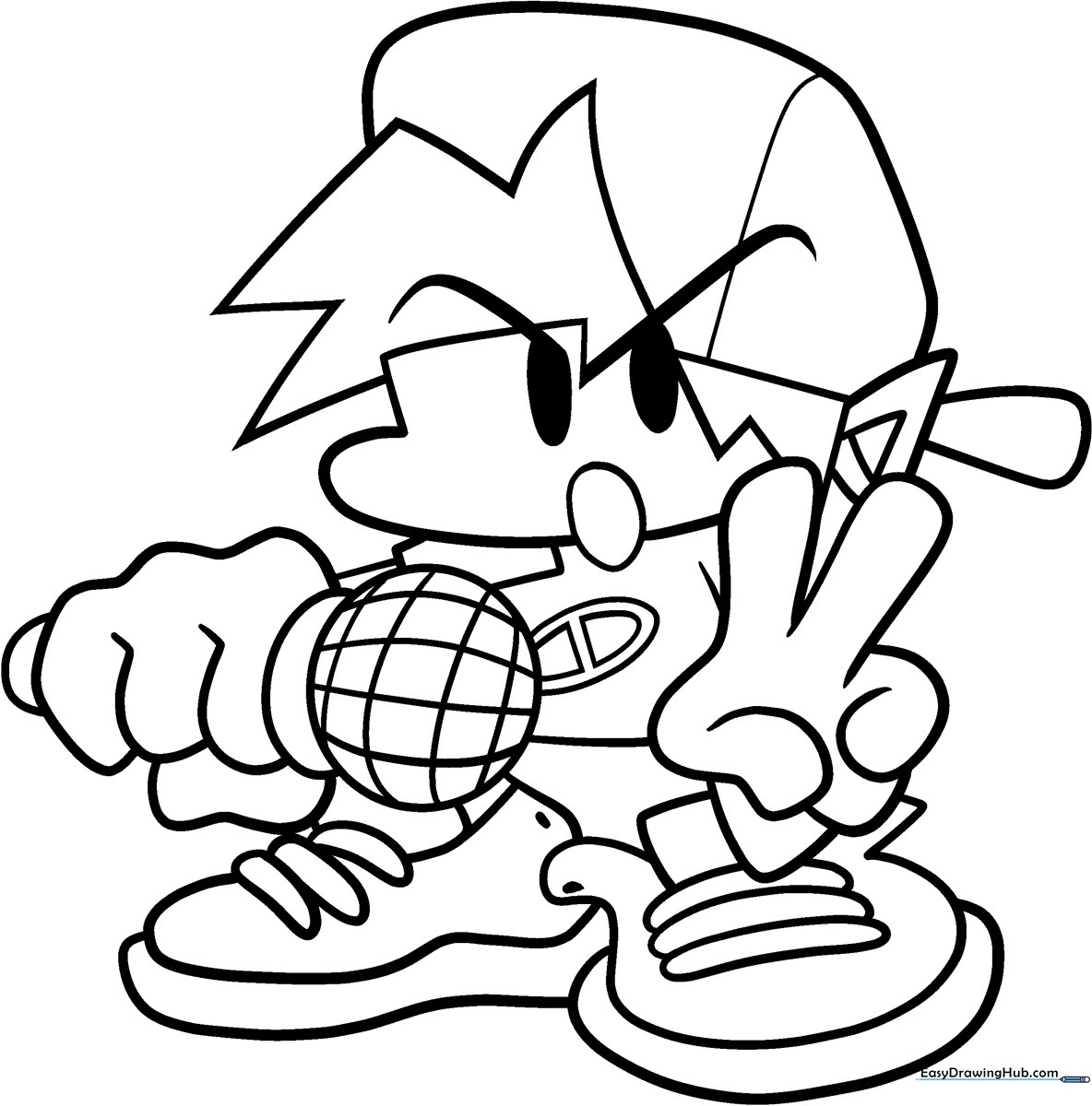 Black and white line art of a Friday Night Funkin character with bold outlines, perfect for children to color with markers or crayons.