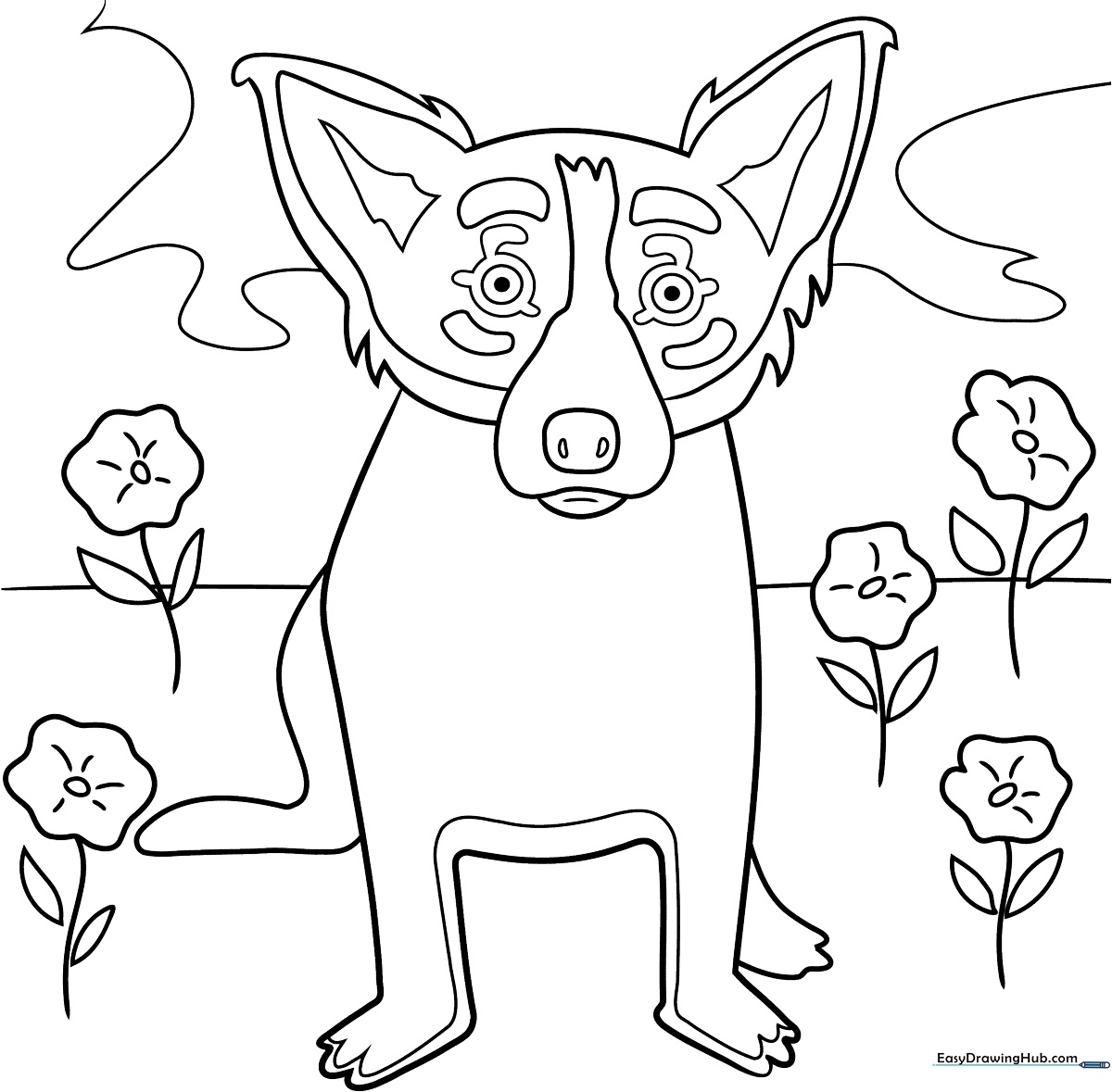 Black and white line art of a stylized Blue Dog with large yellow eyes, ready for coloring as an educational pop art project.