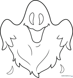 A friendly, cartoon-style ghost with large, expressive eyes and a simple outline, perfect for children to color with crayons or markers.